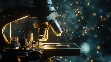Poster - A high-quality microscope bathed in soft light, emphasizing its scientific details and creating a refined, precise atmosphere.