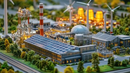 Poster - A miniature futuristic industrial city model, complete with solar panels, wind turbines, and futuristic architecture, highlighting sustainable energy production.