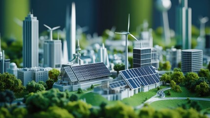 Poster - A miniature futuristic industrial city model, complete with solar panels, wind turbines, and futuristic architecture, highlighting sustainable energy production.