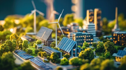Poster - A miniature futuristic industrial city model, complete with solar panels, wind turbines, and futuristic architecture, highlighting sustainable energy production.