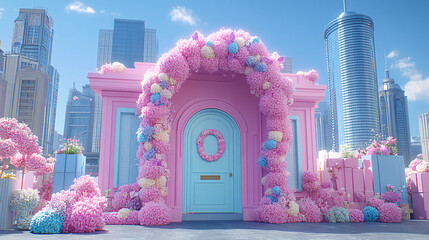 Poster - pink building with blue door surrounded by greenery and clear sky on a sunny day