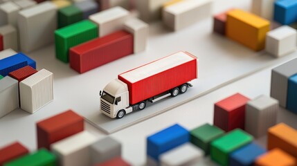 Poster - A miniature truck surrounded by colorful shipping containers, illustrating the dynamics of logistics, transportation, and supply chain networks