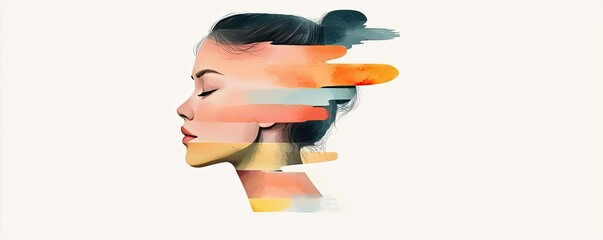 Canvas Print - Striped watercolor idea. A creative watercolor depiction of a serene woman's profile with vibrant colors.