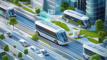 Leinwandbilder - A modern city sustainable urban transportation system, with electric vehicles and renewable energy options contributing to carbon reduction and cleaner air.