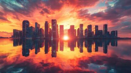 Poster - A modern city with vibrant, futuristic buildings, mirrored in the water beneath a stunning sunset sky, emphasizing innovation and beauty.