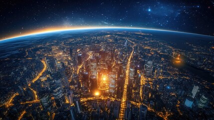 Poster - A modern metropolis of neon-lit skyscrapers rises above a glowing Earth, highlighting the forward-thinking, high-tech architecture of the future.