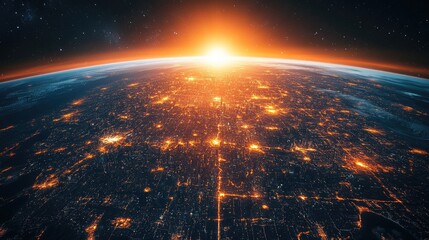 Poster - A modern metropolis of neon-lit skyscrapers rises above a glowing Earth, highlighting the forward-thinking, high-tech architecture of the future.