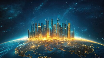 Poster - A modern metropolis with neon-lit skyscrapers floating above a glowing Earth, emphasizing futuristic urban development and innovation.