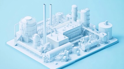 Poster - A modern white paper cutout-style depiction of an industrial plant, workers, and equipment in an isometric perspective, against a cool light blue backdrop.
