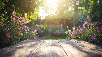 Aufkleber - A beautifully weathered wooden table sits in a sunny garden, embraced by blooming flowers. Warm sunlight filters through lush greenery, creating a peaceful atmosphere perfect for outdoor gatherings
