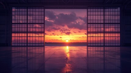 Poster - A peaceful airplane hangar at dusk, with the wide doors open to a stunning sunset, where the sky is filled with vibrant orange and purple hues.