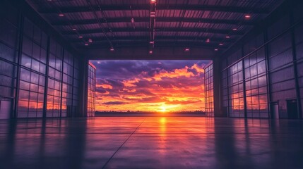 Poster - A peaceful airplane hangar at dusk, with the wide doors open to a stunning sunset, where the sky is filled with vibrant orange and purple hues.