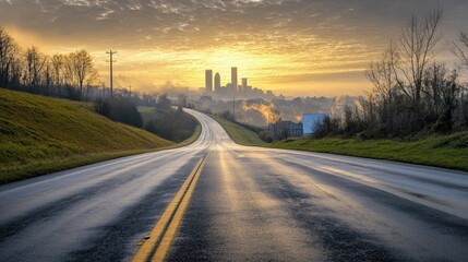 Poster - A peaceful view of a quiet asphalt highway, with a panoramic city skyline in the distance, framed by a cloudy morning sky.