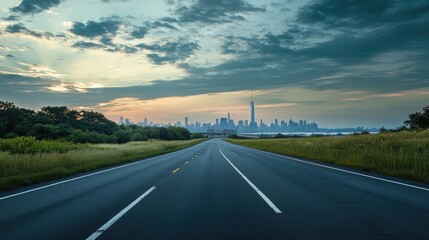 Poster - A peaceful view of a quiet asphalt highway, with a panoramic city skyline in the distance, framed by a cloudy morning sky.