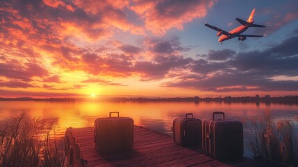 Poster - A picturesque scene of luggage placed on a dock during a glowing sunset, with an airplane soaring high above, creating a peaceful atmosphere.