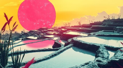 Wall Mural - surreal sunset over rice terraces reflecting pink orb