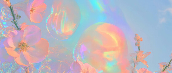 Poster - Soft holographic paint background adorned with delicate floral elements