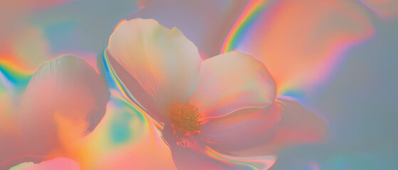 Poster - Soft holographic paint background featuring floral elements with an artistic banner design