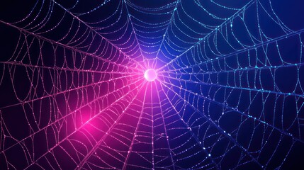 Illuminated spiderweb, dew, night, forest, background, design
