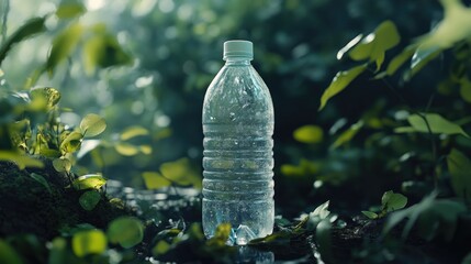 Poster - A plastic water bottle discarded in nature, with a clear emphasis on recycling and environmental responsibility.