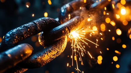 Poster - A powerful image of welding sparks flying from a metal chain link, illuminated against a dark background, showcasing the energy of industrial processes.