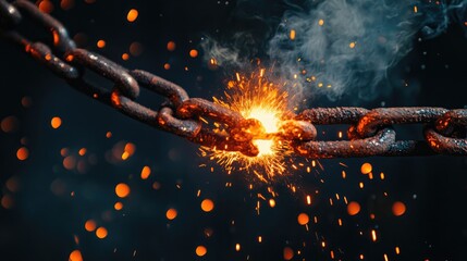Poster - A powerful image of welding sparks flying from a metal chain link, illuminated against a dark background, showcasing the energy of industrial processes.