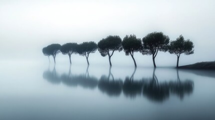 Poster - A quiet foggy landscape, where a uniform line of trees adds symmetry and harmony, creating a peaceful and calming scene.