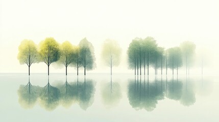 Poster - A quiet foggy landscape, where a uniform line of trees adds symmetry and harmony, creating a peaceful and calming scene.