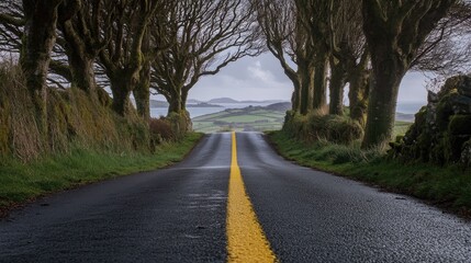 Poster - A quiet, tree-lined road with a yellow line running down the center, creating a calm and inviting path through the countryside.