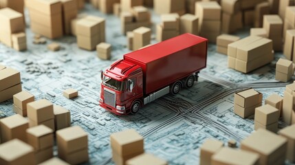 Poster - A red miniature truck on a digital map surrounded by cardboard boxes, illustrating logistics, transportation, and efficient global supply chains.