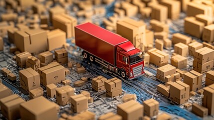Poster - A red miniature truck on a digital map surrounded by cardboard boxes, illustrating logistics, transportation, and efficient global supply chains.