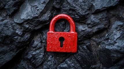 Poster - A red padlock stands out against rough black stones, symbolizing security and protection, with a sharp contrast between the vibrant and dark elements.
