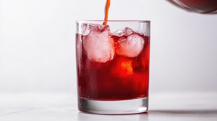Poster - A rich red stream of cranberry syrup pours into a glass, captured mid-motion against a minimalist white background.