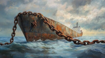 Poster - A rustic, old ship's chain with rusty shackles draped over a cargo vessel at sea, evoking the enduring nature of maritime logistics and transport.