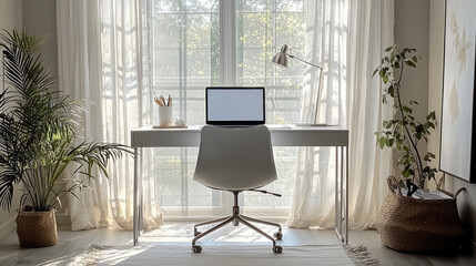 Poster - Sleek and minimalist home office setup with a sleek desk, a detailed white soft silk carpet, ergonomic chair, minimalist decor, offering a functional and aesthetic workspace.