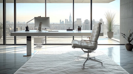 Poster - Sleek and minimalist home office setup with a sleek desk, a detailed white soft silk carpet, ergonomic chair, minimalist decor, offering a functional and aesthetic workspace.