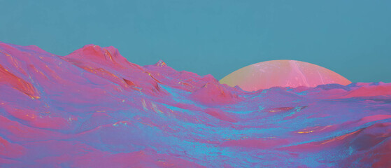 Poster - Vibrant alien landscape with surreal textures and colorful mountains at twilight