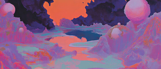 Aufkleber - Vibrant alien landscape filled with otherworldly textures and colors under a surreal sky