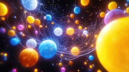 Colorful spheres trapped in cosmic web; background glitter, website banner