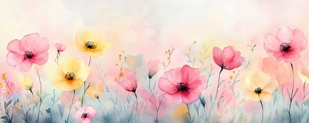 Wall Mural - Whimsical watercolor idea. A vibrant watercolor painting of blooming flowers in soft pastel colors.