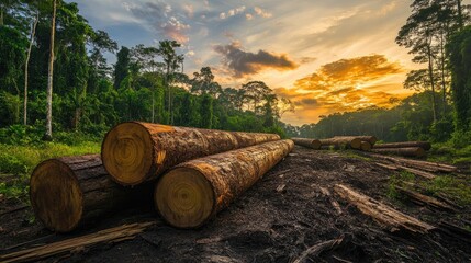 Poster - A serene rainforest landscape showing the effects of sustainable logging practices, with side copy space to highlight the importance of conservation.