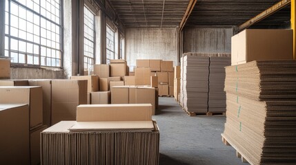 Poster - A series of brown cardboard boxes in a shipping warehouse, stacked and ready for delivery or relocation purposes.