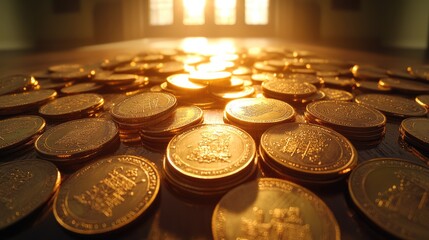Poster - Many gold coins on a table in a room, golden sunlight lighting the coins through a window.
