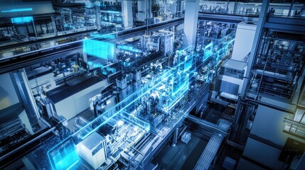 Poster - A smart factory with connected machinery and equipment in full operation, demonstrating the efficiency of IoT applications, with room for business messaging.