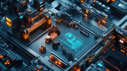 Poster - A smart factory with connected machinery and equipment in full operation, demonstrating the efficiency of IoT applications, with room for business messaging.