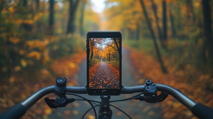 Poster - A smartphone mounted on a bicycle handlebars, displaying a photograph of an autumn forest path, capturing the essence of outdoor adventure.