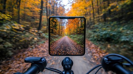 Poster - A smartphone mounted on bicycle handlebars, displaying a vibrant photo of a forest path with autumn leaves, perfect for adventure cycling.