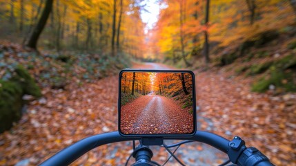 Poster - A smartphone mounted on bicycle handlebars, displaying a vibrant photo of a forest path with autumn leaves, perfect for adventure cycling.