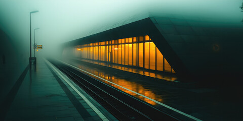 Aufkleber - A train station, hard angular smooth black metallic architecture, glowing yellow windows, foggy.