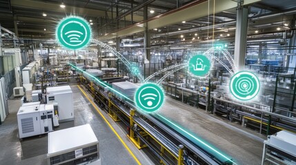 Aufkleber - A stock photo showing a factory with seamless IoT connectivity, with connected equipment and machinery visible, and space for copy about smart business operations.